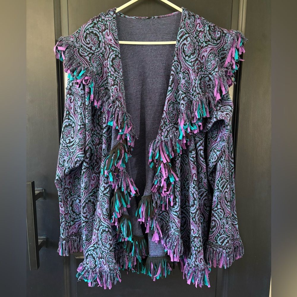 Vintage Hand Knit Fringe Cardigan Boho Southwestern Paisley Made in USA